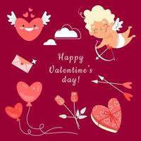 impostato di elementi per San Valentino giorno per il tuo design. Cupido e frecce, i regali e fiori, cuori e lettere. vettore illustrazione.