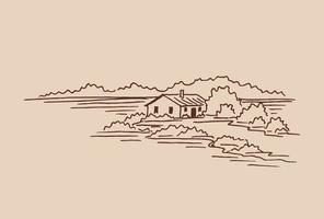 paesaggio con casa di campagna. illustrazione disegnata a mano convertita in vettore. vettore