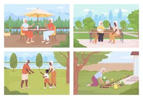gli anziani la spesa tempo all'aperto piatto colore vettore illustrazione impostare. rilassante nel parco con gli amici, nipoti. completamente modificabile 2d semplice cartone animato personaggi collezione con paesaggio su sfondo