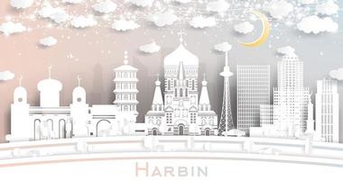 Harbin Cina città orizzonte nel carta tagliare stile con bianca edifici, Luna e neon ghirlanda. vettore