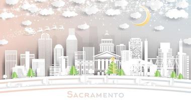 sacramento California Stati Uniti d'America città orizzonte nel carta tagliare stile con fiocchi di neve, Luna e neon ghirlanda. vettore