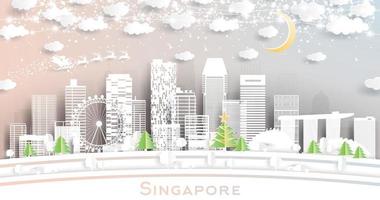 Singapore città orizzonte nel carta tagliare stile con fiocchi di neve, Luna e neon ghirlanda. vettore