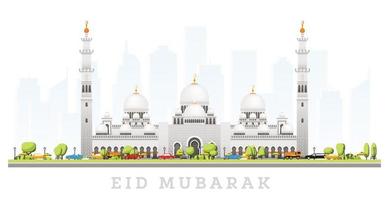 Ramadhan kareem. eid mubarak saluti con mille dollari moschea nel abu dhabi isolato su bianca. vettore