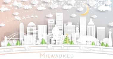 Milwaukee Wisconsin città orizzonte nel carta tagliare stile con fiocchi di neve, Luna e neon ghirlanda. vettore