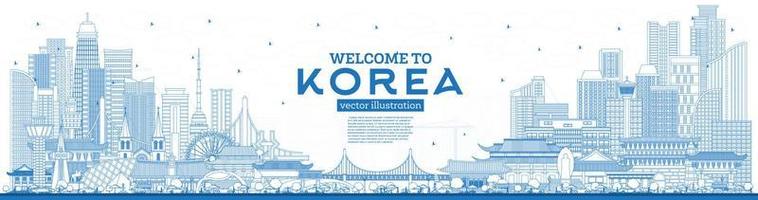 schema benvenuto per Sud Corea città orizzonte con blu edifici. vettore