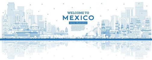 schema benvenuto per Messico città orizzonte con blu edifici e riflessi. vettore
