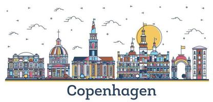 schema copenhagen Danimarca città orizzonte con colorato storico edifici isolato su bianca. vettore