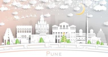 Pune India città orizzonte nel carta tagliare stile con fiocchi di neve, Luna e neon ghirlanda. vettore