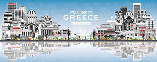 benvenuto per Grecia città orizzonte con grigio edifici, blu cielo e riflessi. vettore