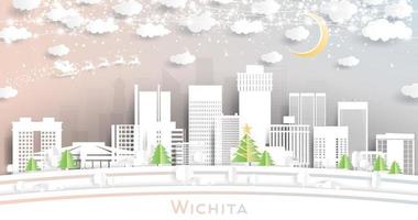 wichita Kansas Stati Uniti d'America città orizzonte nel carta tagliare stile con fiocchi di neve, Luna e neon ghirlanda. vettore