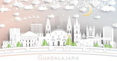 Guadalajara Messico città orizzonte nel carta tagliare stile con fiocchi di neve, Luna e neon ghirlanda. vettore