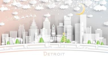 detroit Michigan città orizzonte nel carta tagliare stile con fiocchi di neve, Luna e neon ghirlanda. vettore