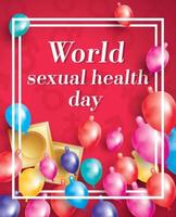 mondo sessuale Salute giorno. carta con volante palloncini, preservativi e bianca telaio su rosso sfondo. vettore