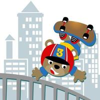 carino orso giocando skateboard su edifici sfondo, vettore cartone animato illustrazione