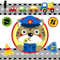 carino gattino nel polizia uniforme con traffico elementi, vettore cartone animato illustrazione