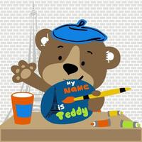 carino orso il migliore pittore su eiffel Torre sfondo, vettore cartone animato illustrazione