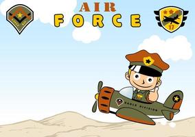 divertente ragazzo su aereo con militare logo, montagne su blu cielo nuvole sfondo, vettore cartone animato illustrazione