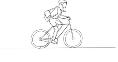 disegno di donna d'affari cavalcare bicicletta per ufficio concetto di bicicletta per opera eco amichevole trasporto. singolo linea arte stile vettore