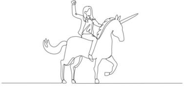 disegno di donna d'affari equitazione un' unicorno con il cavallo solo in piedi su tre piede. uno linea arte stile vettore