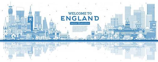 schema benvenuto per Inghilterra città orizzonte con blu edifici e riflessi. vettore