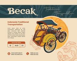 becak tradizionale mezzi di trasporto mano disegnato illustrazione per sociale media inviare vettore