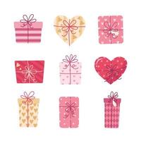collezione regalo di San Valentino, set di scatole diverse. illustrazione vettoriale in stile piatto