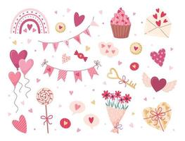 San Valentino giorno elementi impostare. regalo, cuore, Palloncino, fiori, cupcake, secchio, caramella, e altri per decorativo. adesivi cartone animato stile. vettore illustrazione.