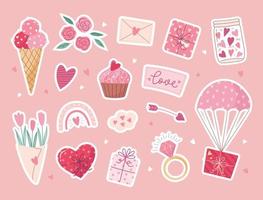 San Valentino giorno elementi impostare. regalo, cuore, Palloncino, fiori, cupcake, secchio, caramella, e altri per decorativo. adesivi cartone animato stile. vettore illustrazione.