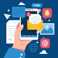 mobile e-mail App con mano Tenere smartphone vettore