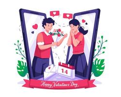 San Valentino giorno concetto illustrazione con un' giovane amante uomo dando un' regalo per sua fidanzata. un' uomo dà un' fiore per un' donna attraverso un' smartphone. in linea incontri e virtuale relazioni vettore