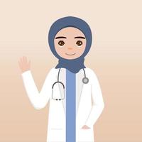 davanti Visualizza hijab medico carattere. medico personaggio creazione viso emozioni, posa e gesto. cartone animato stile, piatto vettore illustrazione.femmina hijab medico dito puntamento su, Tenere clipboard.