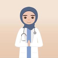 davanti Visualizza hijab medico carattere. medico personaggio creazione viso emozioni, posa e gesto. cartone animato stile, piatto vettore illustrazione.femmina hijab medico dito puntamento su, Tenere clipboard.