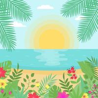 estate esotico paesaggio marino. tropicale spiaggia con palme foglie, fiori e impianti. tramonto o Alba a il mare. vettore