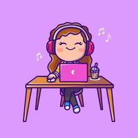 carino donna ascoltando musica su il computer portatile con cuffie cartone animato vettore icona illustrazione. persone tecnologia icona concetto isolato premio vettore. piatto cartone animato stile