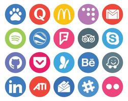 20 sociale media icona imballare Compreso msn github spotify Chiacchierare viaggio vettore