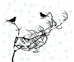 Due uccellini sedersi su un' ramo nel il inverno. un' vettore illustrazione