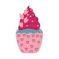 icona di cupcake di San Valentino con ciliegia a forma di cuore in stile piano isolato su priorità bassa bianca. concetto di amore. illustrazione vettoriale. vettore