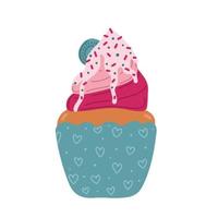 icona di cupcake di San Valentino con ciliegia a forma di cuore in stile piano isolato su priorità bassa bianca. concetto di amore. illustrazione vettoriale. vettore