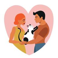 persone mantenere carino gatti. contento uomo e donna Tenere un' carino gatto nel loro mani. piatto vettore illustrazione su rosa cuore sfondo.