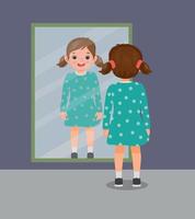 contento poco ragazza in piedi nel davanti di specchio guardare sua riflessione con nuovo vestito vettore