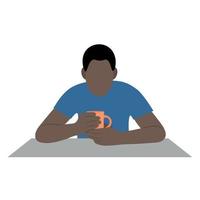 ritratto di un' nero uomo a il tavolo con un' tazza nel il suo mani, piatto vettore, isolato su bianca, senza volto illustrazione vettore