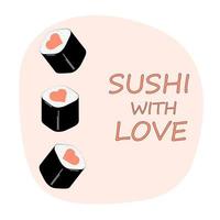 Sushi rotolo con cuore carta. testo Sushi con amore.carino giapponese cibo. vettore amore Sushi rotolo