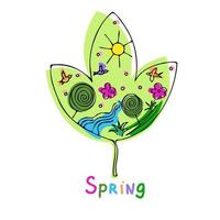 vettore.primavera scarabocchi. carino illustrazione con sole, alberi, ruscello uccelli e fiori. per design vettore
