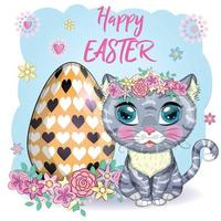 carino cartone animato gatto vicino un' bellissimo Pasqua cestino pieno di uova. contento Pasqua carta vettore