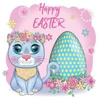 carino cartone animato gatto vicino un' bellissimo Pasqua cestino pieno di uova. contento Pasqua carta vettore