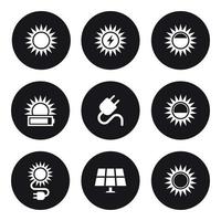 solare energia icone impostare. bianca su un' nero sfondo vettore