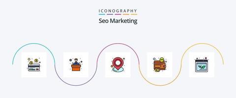 SEO marketing linea pieno piatto 5 icona imballare Compreso freccia. seo. carta geografica. i soldi. finanza vettore