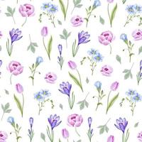 acquerello senza soluzione di continuità modello con primavera fiori carino pallete rosa, blu e viola per arredamento, tessuto, sfondi vettore