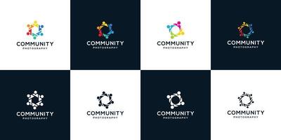 collezione logo icona Comunità con lente telecamera. Comunità umano logo modello vettore. Comunità Salute cura. astratto fotografia lente logo. vettore premio