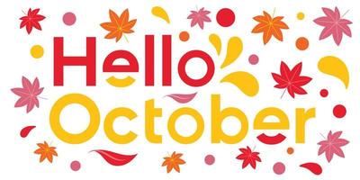ispirazione marchio di parole logo Ciao ottobre con forma Sorridi e autunno le foglie con bianca sfondo. vettore